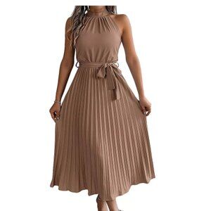 Women Sleeveless Stand Collar Midi Dress Slim Fit with Waist Cinching Pleats